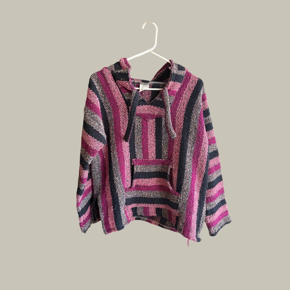 Vintage Baja Hoodie Mexican Blanket Pullover Magenta Black Striped Medium